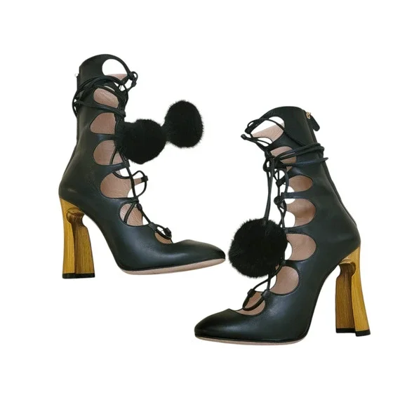 Gucci Heloise Black Leather Lace Up Pom Pom High Heeled Boots 6.5 36.5 409230 - Picture 13 of 17